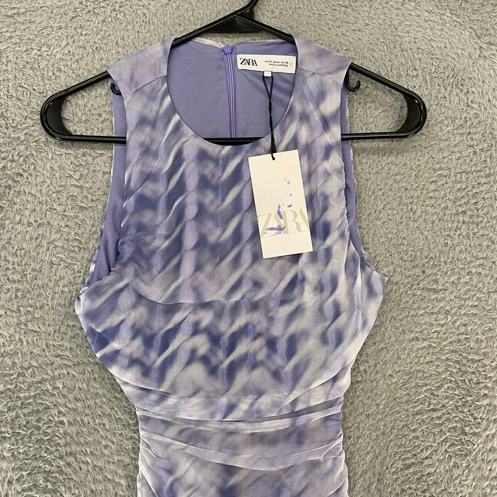 Zara Mesh Dress Womens Medium Cut Out Open Back Ruched Tie Dye Lavender - Picture 2 of 13